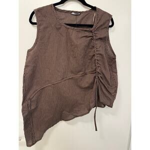 Zara Blouse Top Women's Small Brown Linen Striped Asymmetrical Ruched Boho NWT